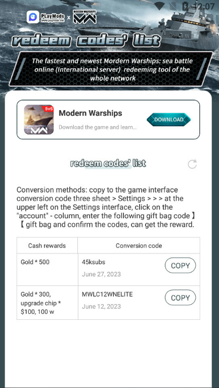 The collection of Modern Warships redeem codes Apk v1.0