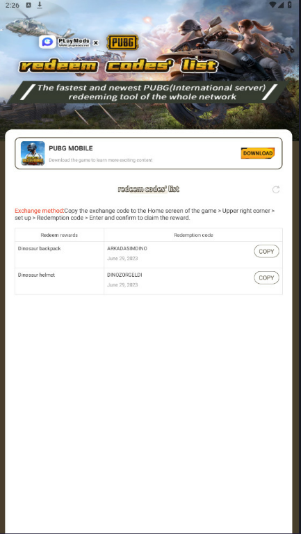 The collection of PUBG MOBILE redeem codes Apk v1.0