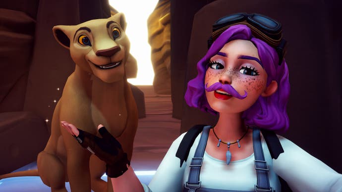 disney-dreamlight-valley-purple-hair-player-posing-with-sitting-nala.jpg